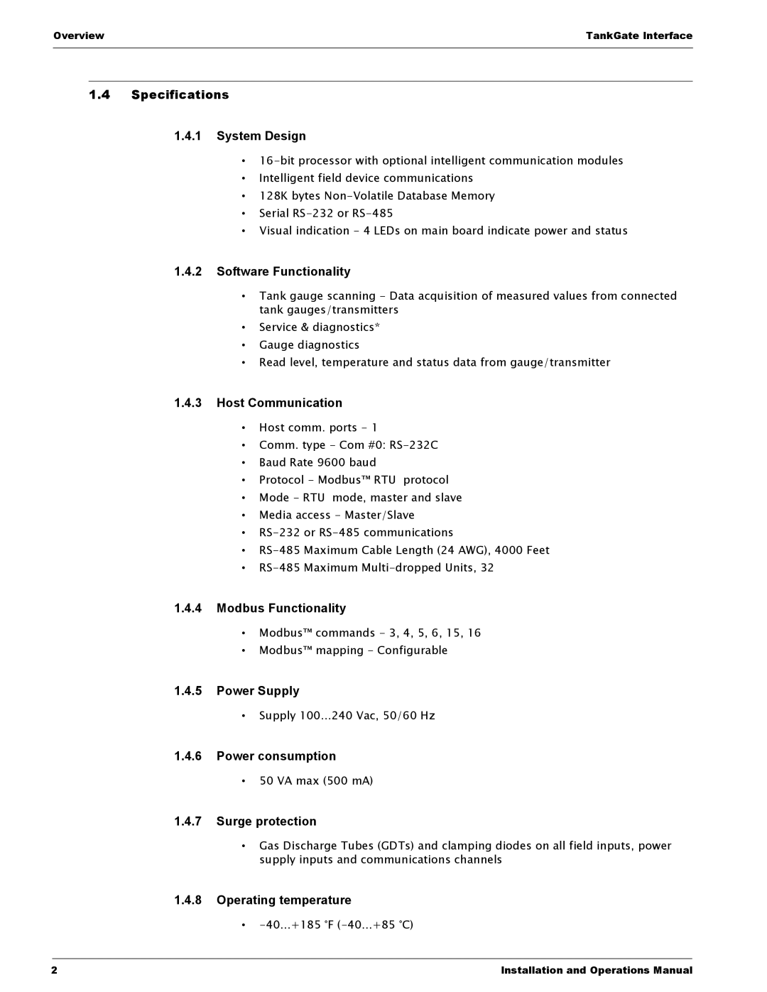 Varec 8315 Series manual Specifications System Design, Software Functionality, Host Communication, Modbus Functionality 