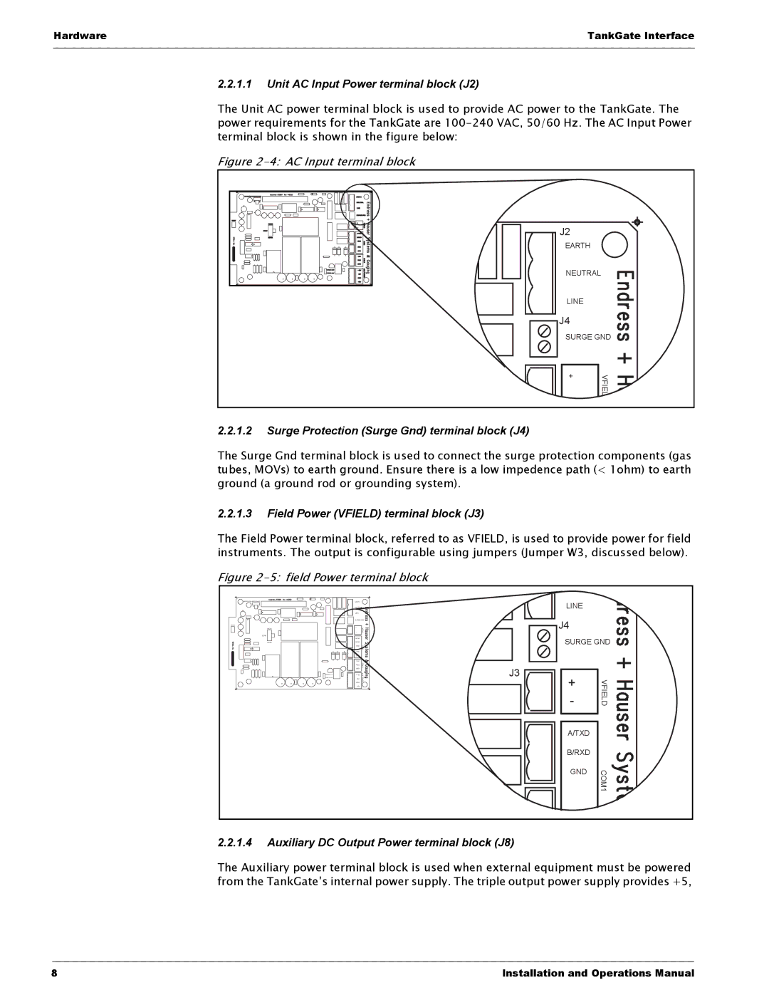 Varec 8315 Series manual Unit AC Input Power terminal block J2, Surge Protection Surge Gnd terminal block J4 