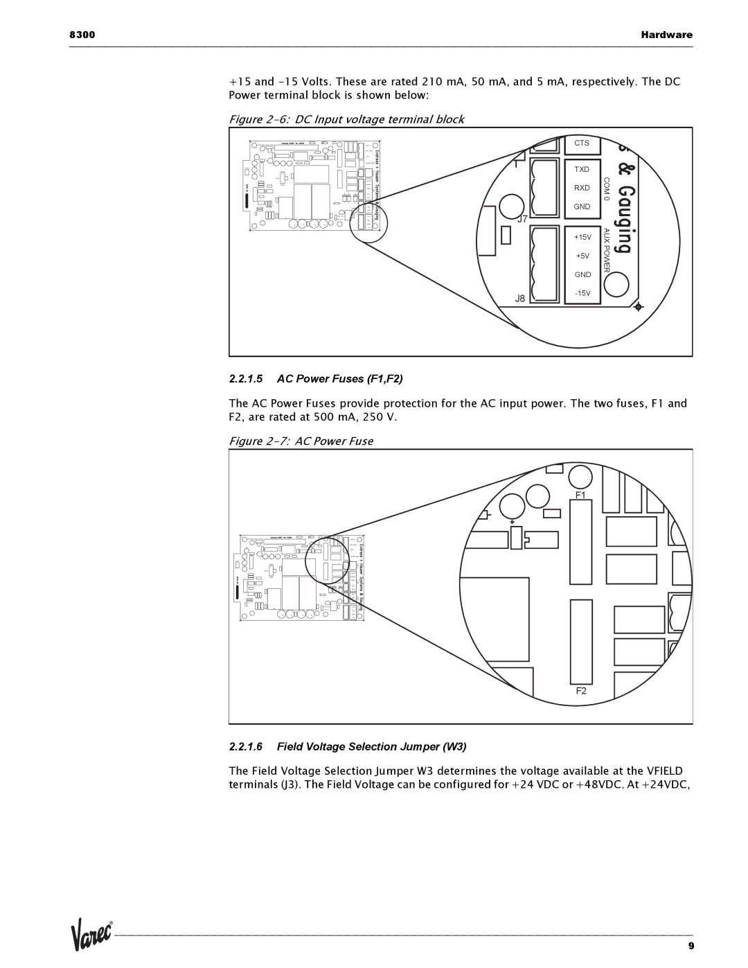 Varec 8315 Series manual AC Power Fuses F1,F2, Field Voltage Selection Jumper W3 