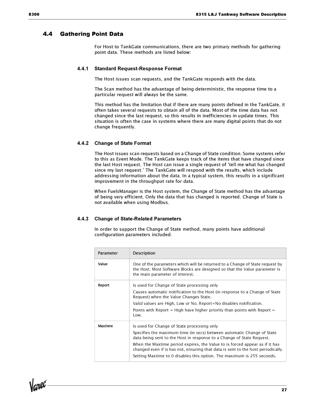 Varec 8315 Series Gathering Point Data, Standard Request-Response Format, Change of State Format, Parameter Description 