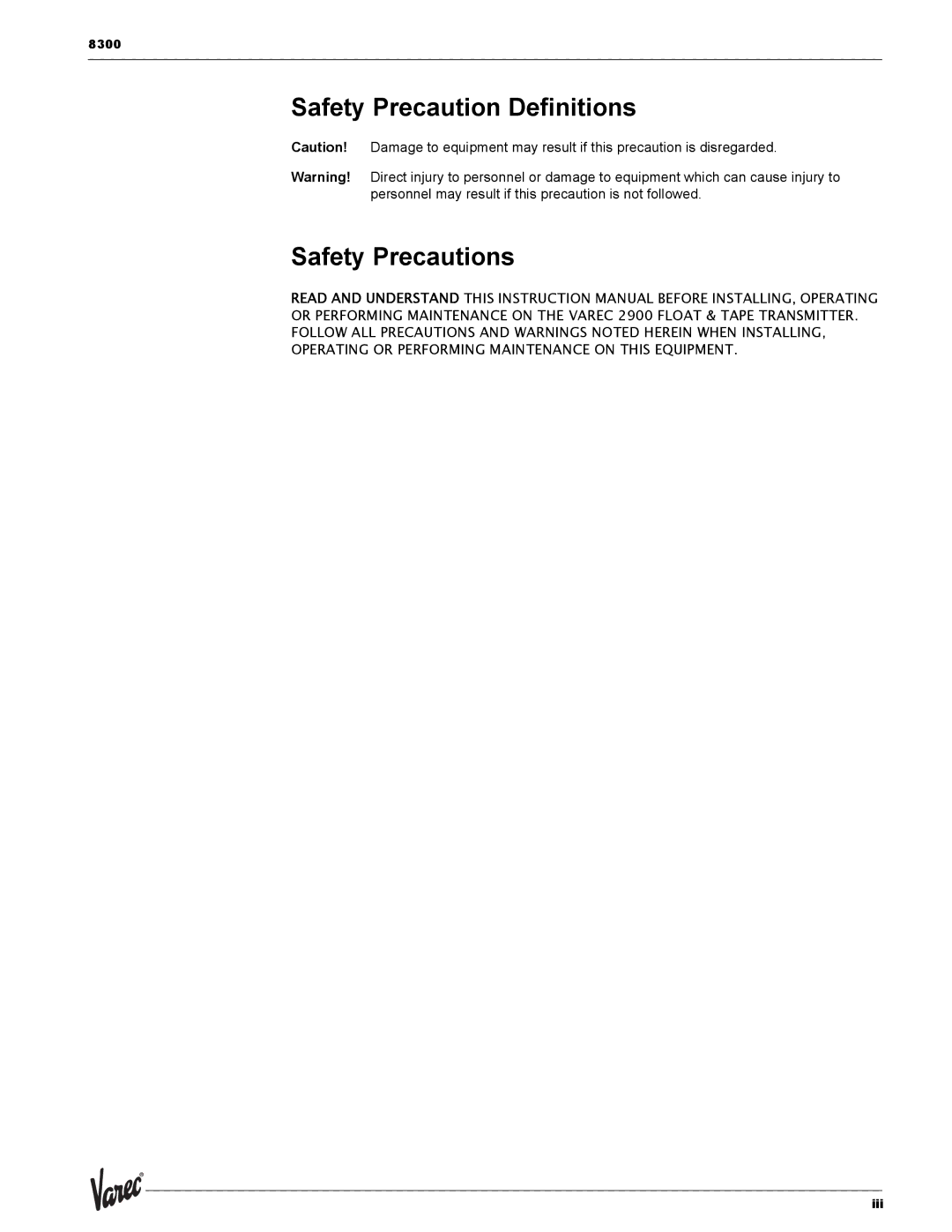 Varec 8315 Series manual Safety Precaution Definitions Safety Precautions 