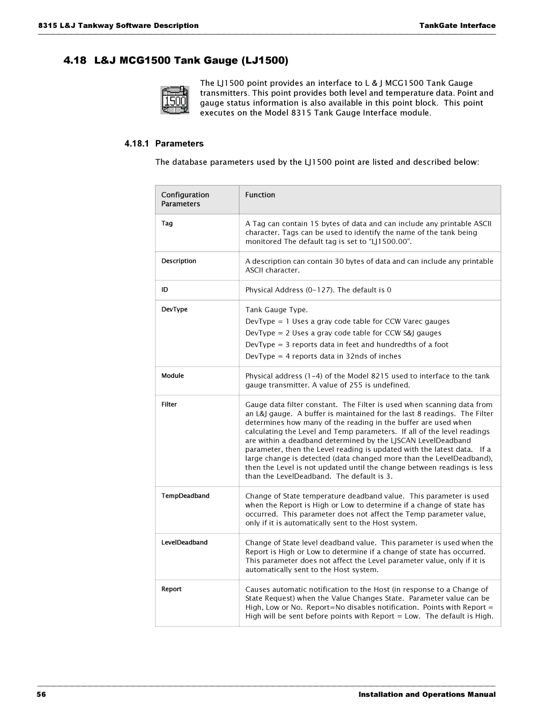 Varec 8315 Series manual 18 L&J MCG1500 Tank Gauge LJ1500, Parameters 