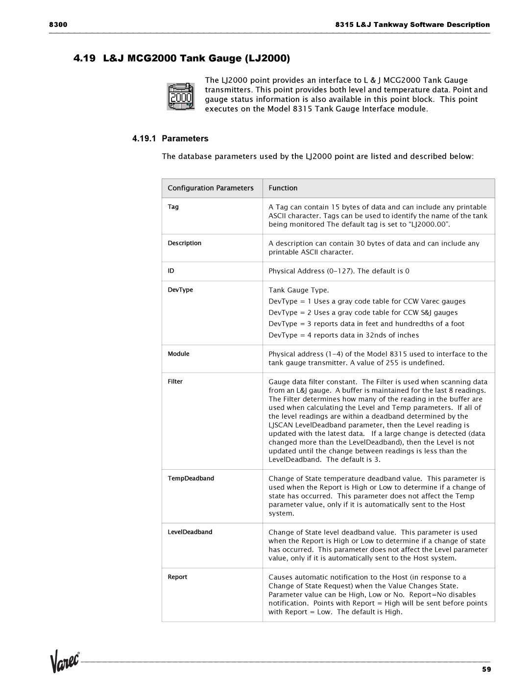 Varec 8315 Series manual 19 L&J MCG2000 Tank Gauge LJ2000, Parameters 