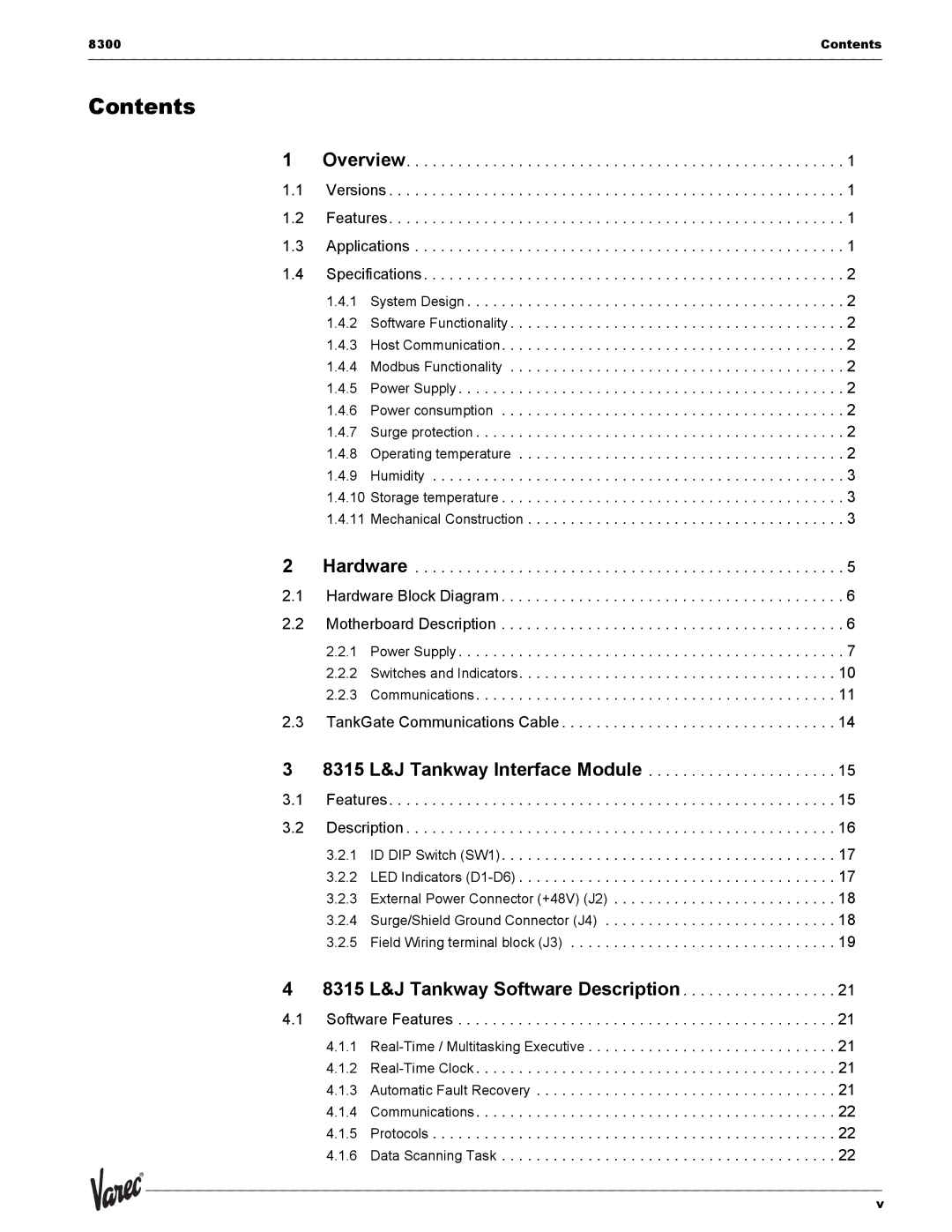 Varec 8315 Series manual Contents 