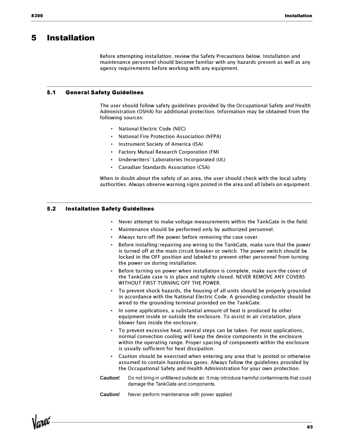 Varec 8315 Series manual General Safety Guidelines, Installation Safety Guidelines 