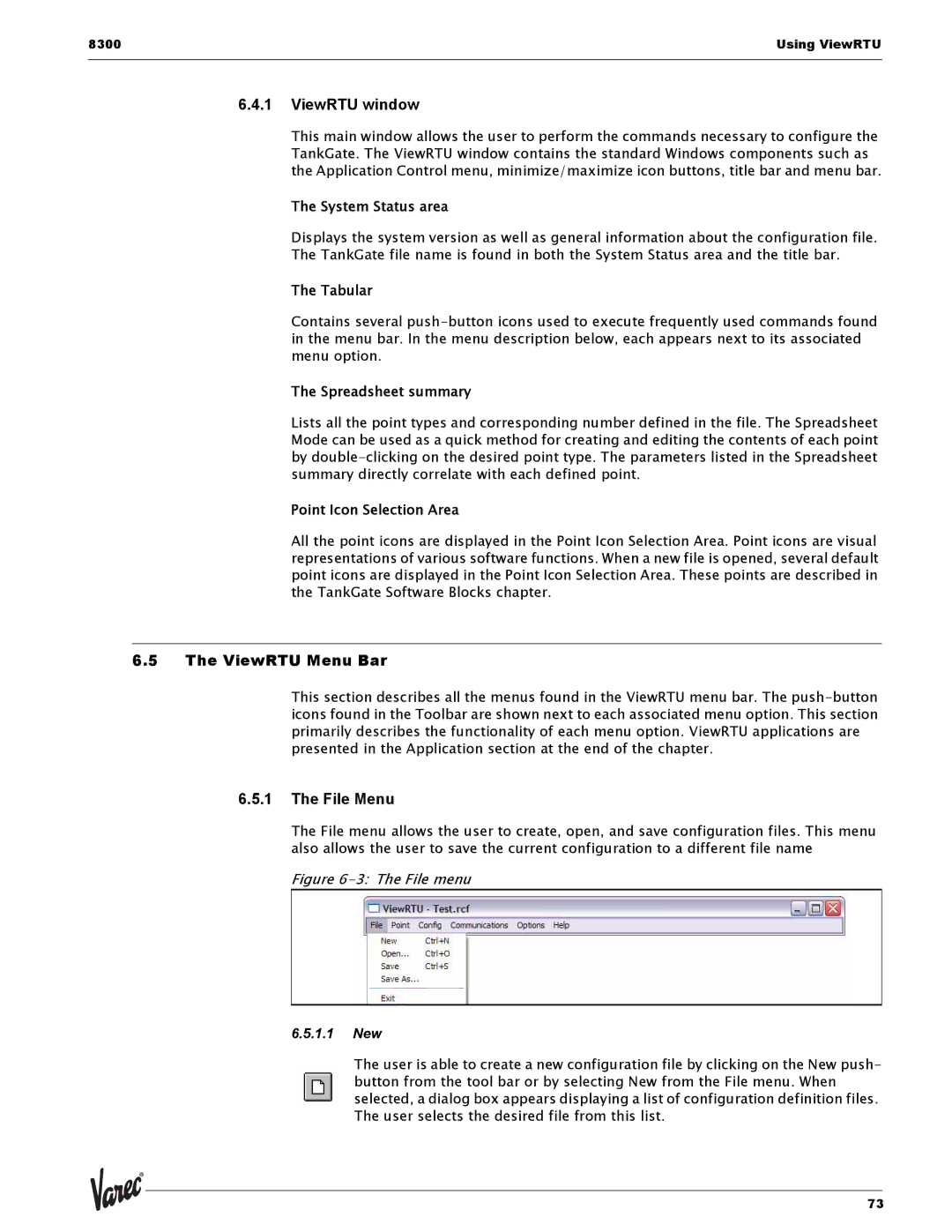 Varec 8315 Series manual ViewRTU window, ViewRTU Menu Bar, File Menu 