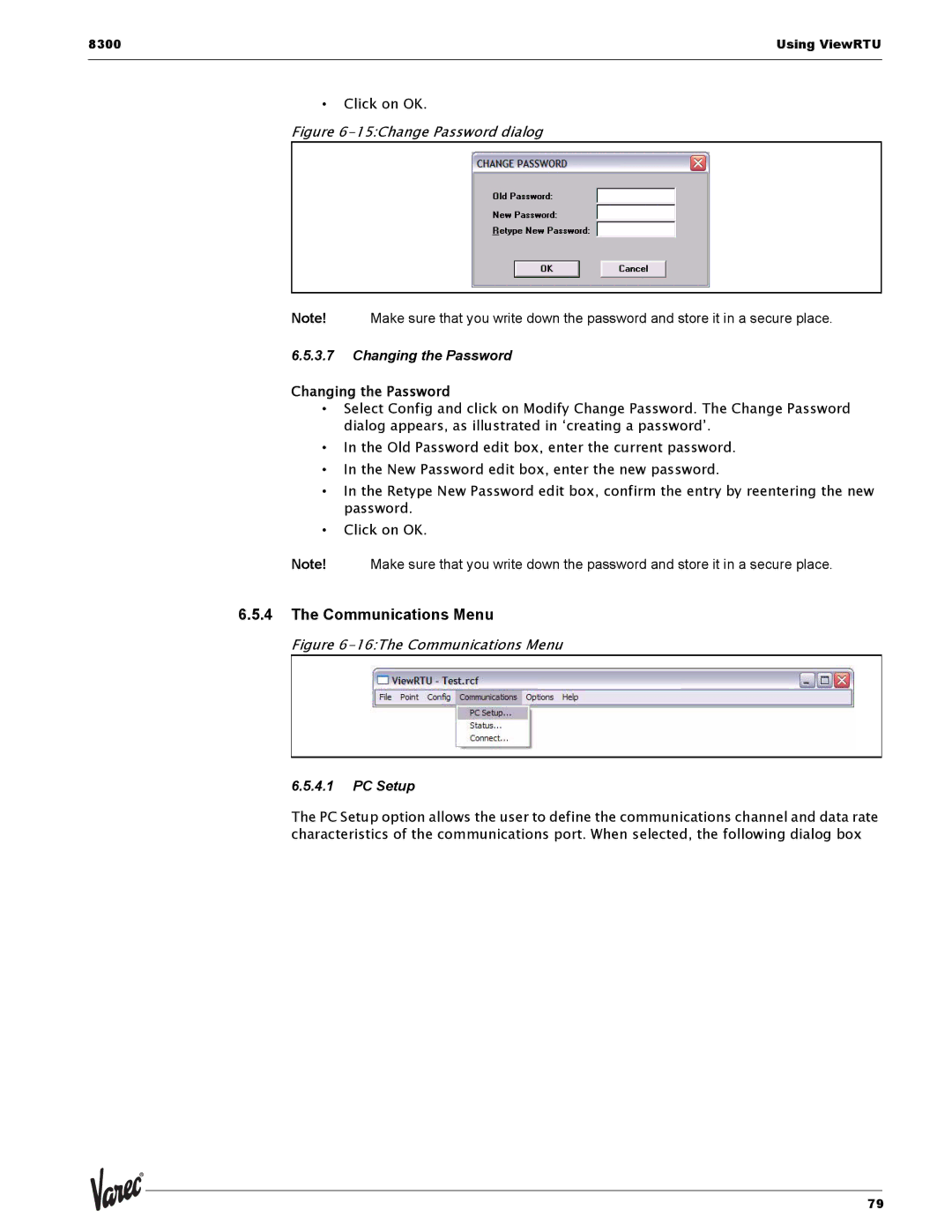 Varec 8315 Series manual Communications Menu, Changing the Password, PC Setup 