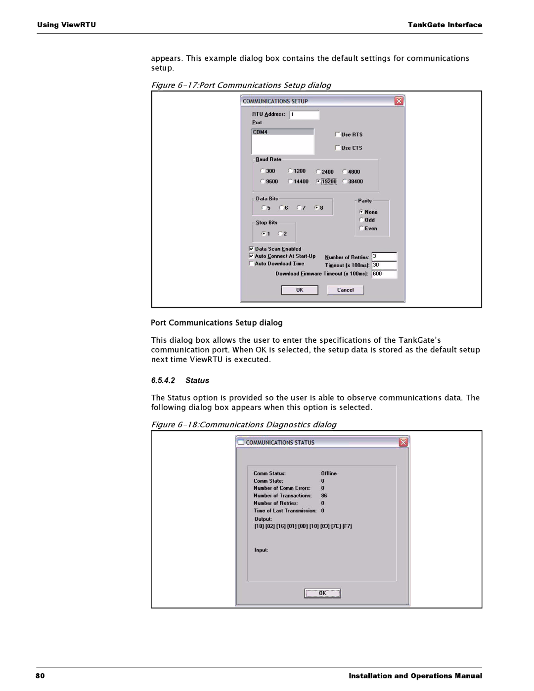 Varec 8315 Series manual Port Communications Setup dialog, Status 