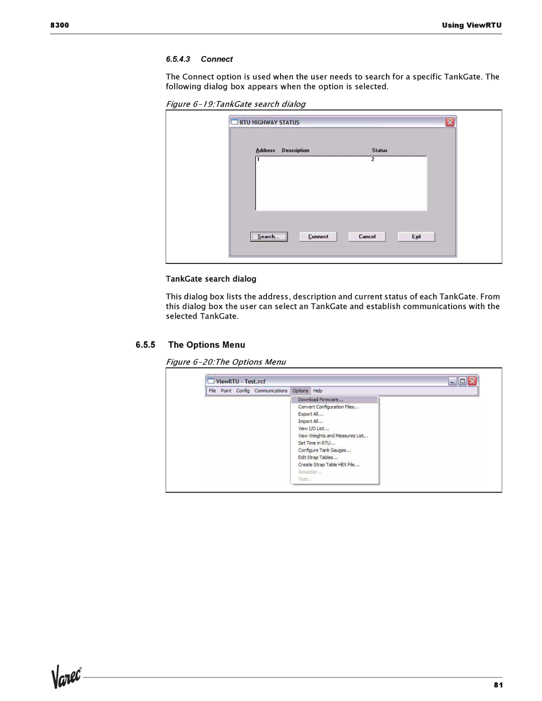 Varec 8315 Series manual Options Menu, Connect, TankGate search dialog 