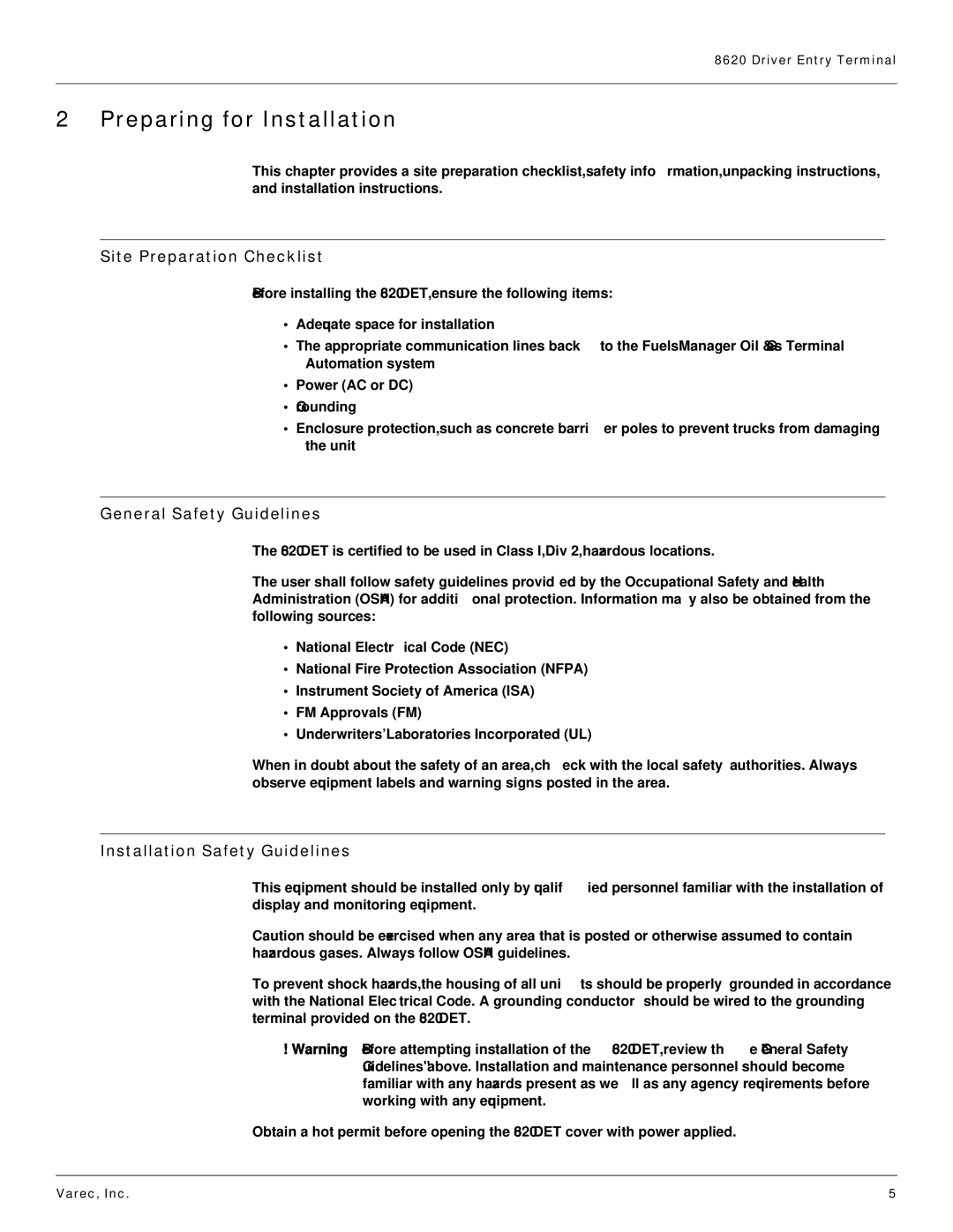 Varec 8620 manual Preparing for Installation, Site Preparation Checklist, General Safety Guidelines 