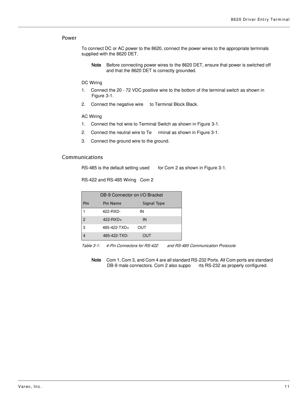 Varec 8620 manual Power, Communications, Pin Pin Name Signal Type 