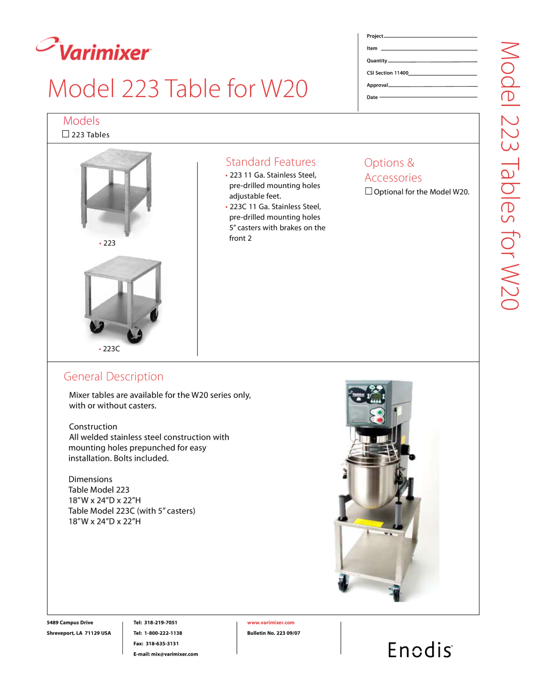 Varimixer dimensions Model 223 Table for W20, Tables for W20 