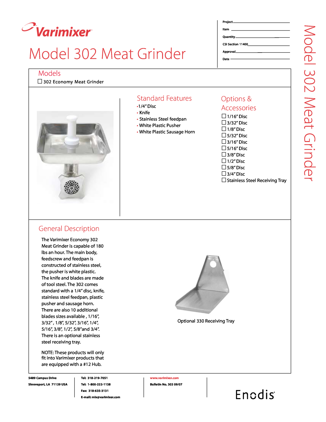 Varimixer manual Model 302 Meat Grinder, Models, Standard Features, Options, Accessories, General Description 
