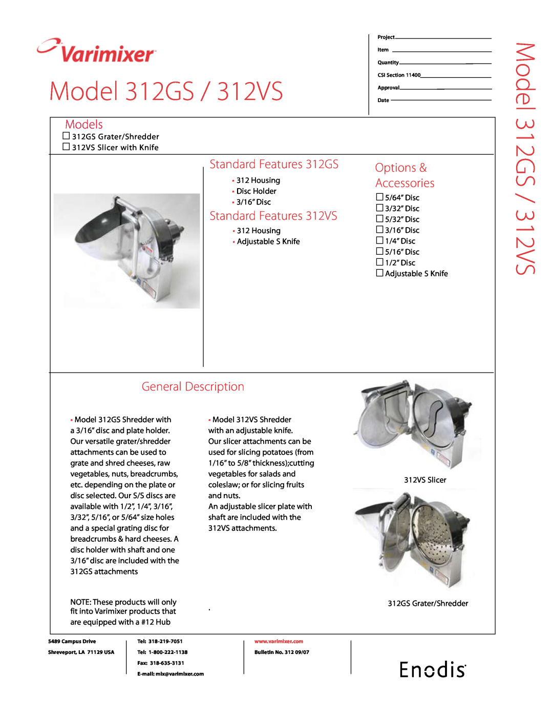 Varimixer manual Model 312GS / 312VS, Models, Standard Features 312GS, Options, Accessories, Standard Features 312VS 