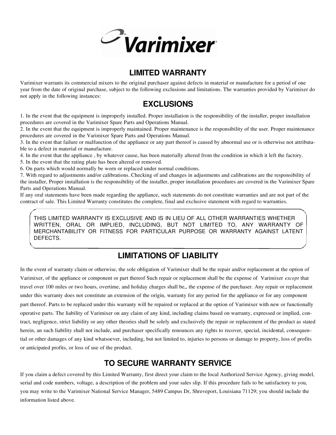 Varimixer F, J manual Limited Warranty 