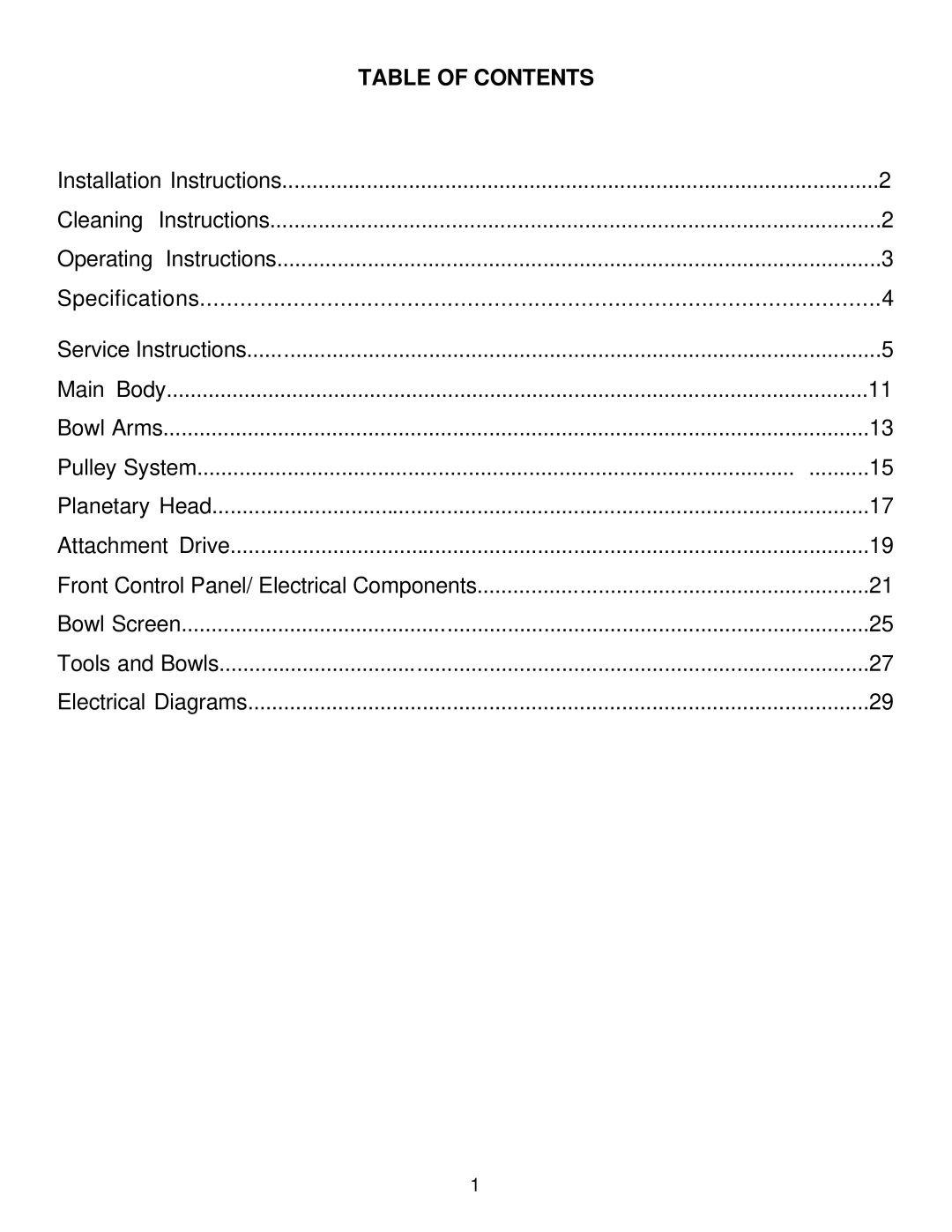 Varimixer J, F manual Table of Contents 