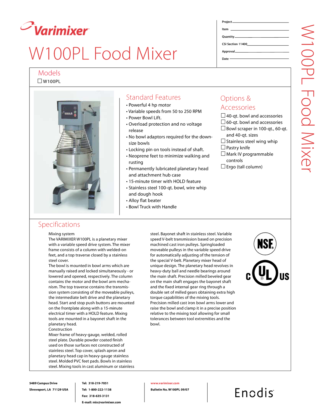 Varimixer specifications W100PL Food Mixer 