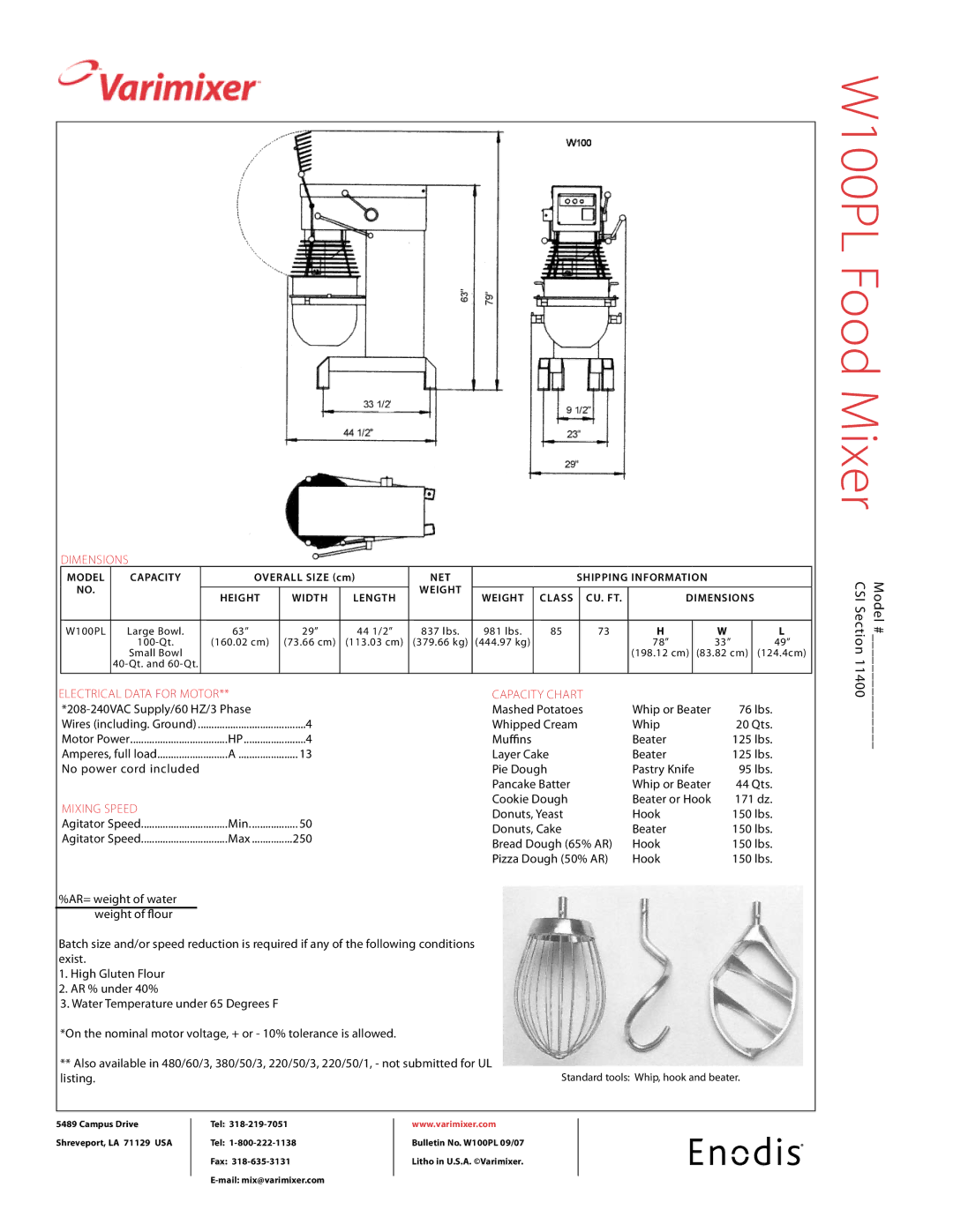 Varimixer W100PL specifications Dimensions, Electrical data for motor Capacity chart, Mixing speed 