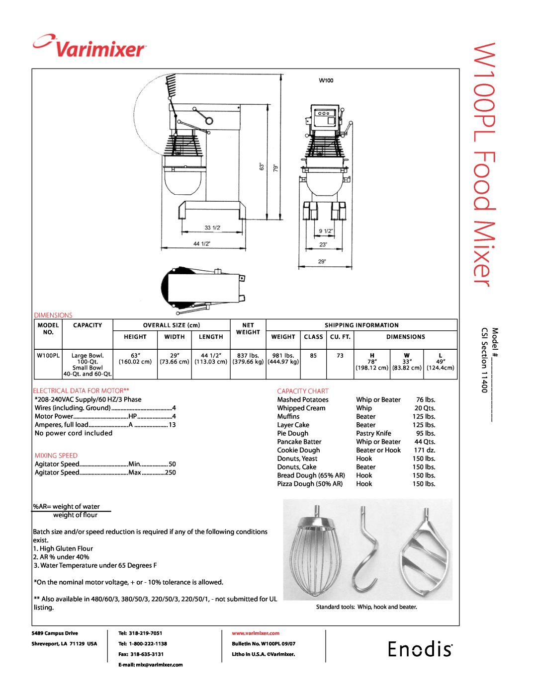 Varimixer specifications W100PL Food Mixer, dimensions, electrical data for motor, capacity chart, mixing speed, listing 