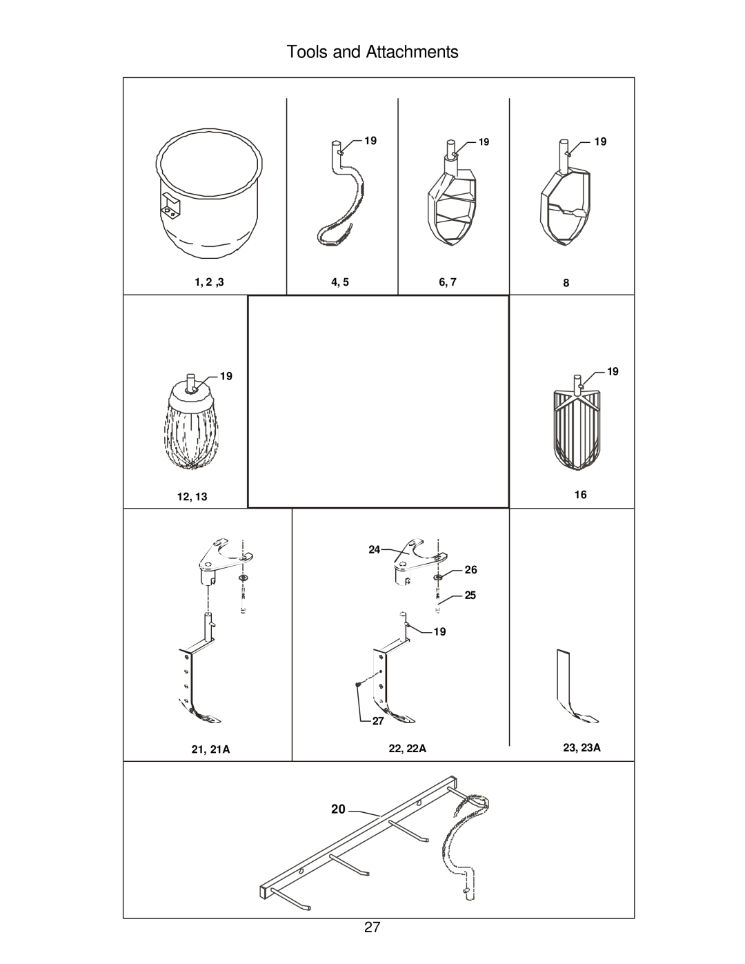 Varimixer W20 F, W20 A, W20 J operation manual Tools and Attachments, 1, 2 ,3, 21, 21A, 22, 22A, 23, 23A 