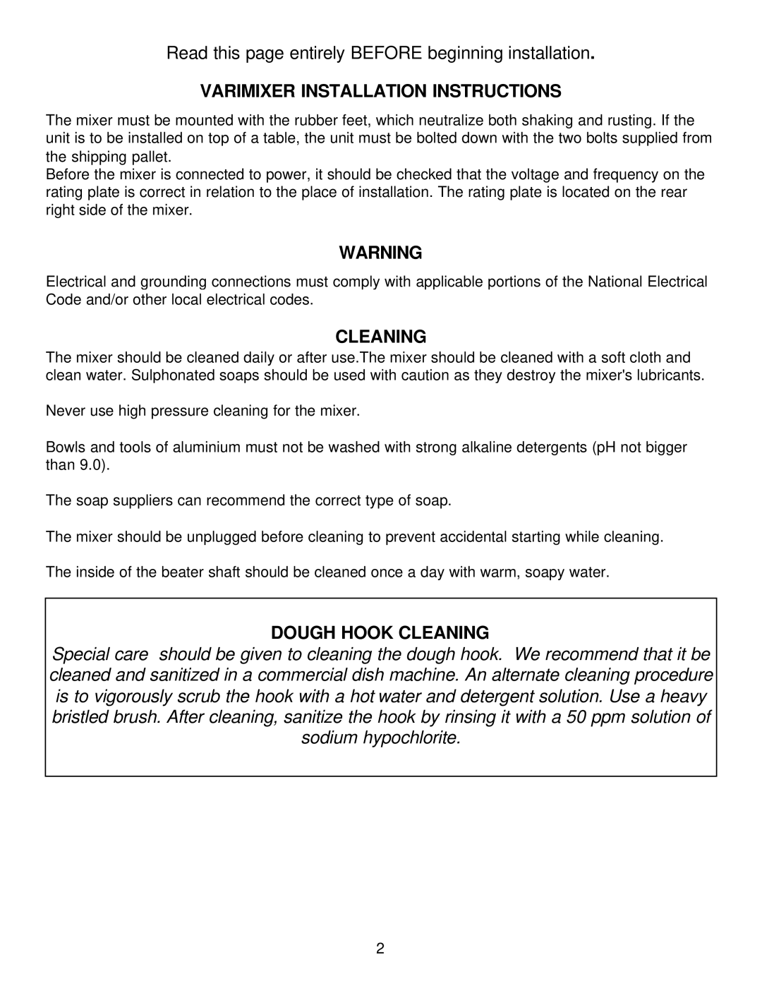 Varimixer W20D operation manual Varimixer Installation Instructions 