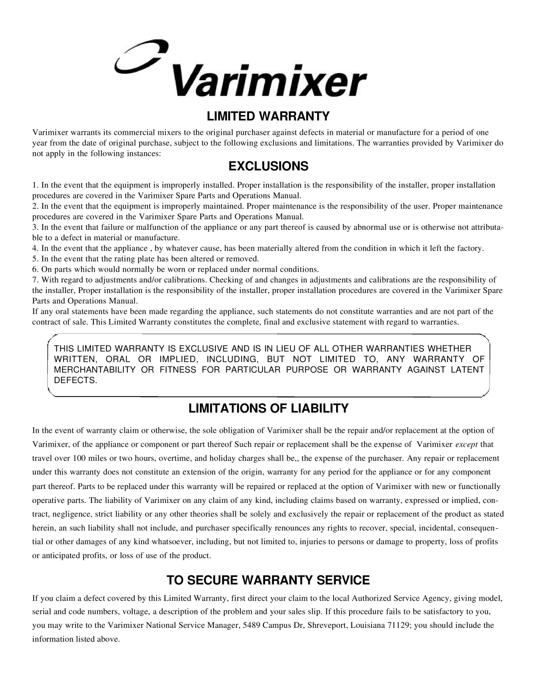 Varimixer W20D operation manual Limited Warranty, Exclusions, Limitations Of Liability, To Secure Warranty Service 