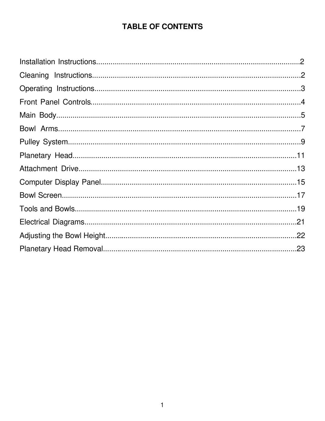 Varimixer W20D operation manual Table Of Contents 
