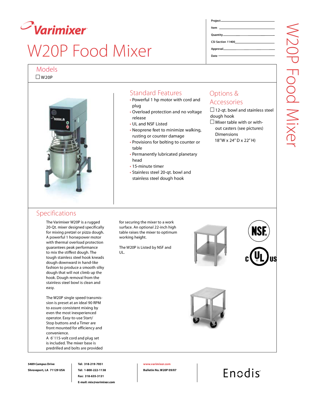 Varimixer W20P specifications Food Mixer 