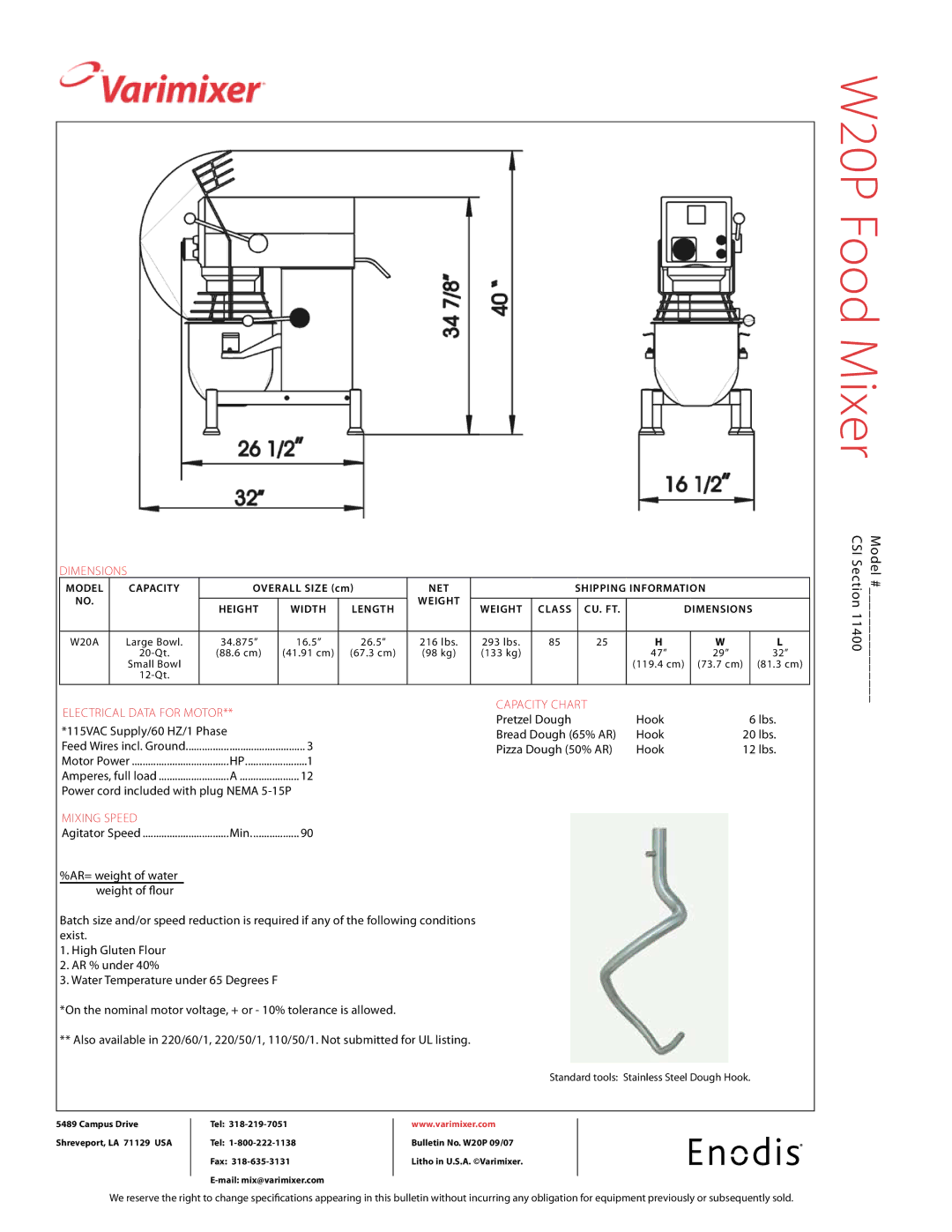 Varimixer W20P specifications Dimensions, Electrical data for motor, Mixing speed, Capacity chart 