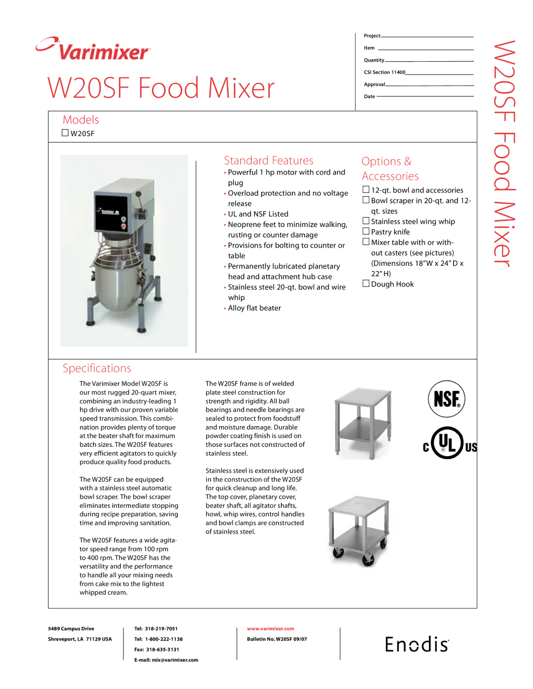 Varimixer specifications W20SF Food Mixer 