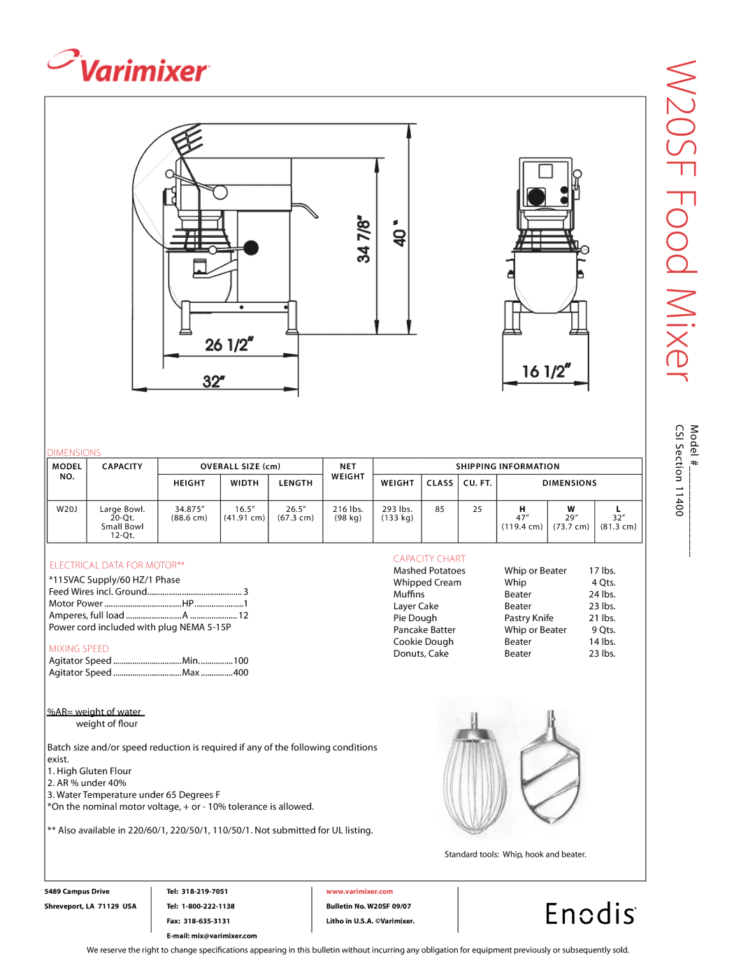 Varimixer W20SF specifications Dimensions, Electrical data for motor, Mixing speed, Capacity chart 