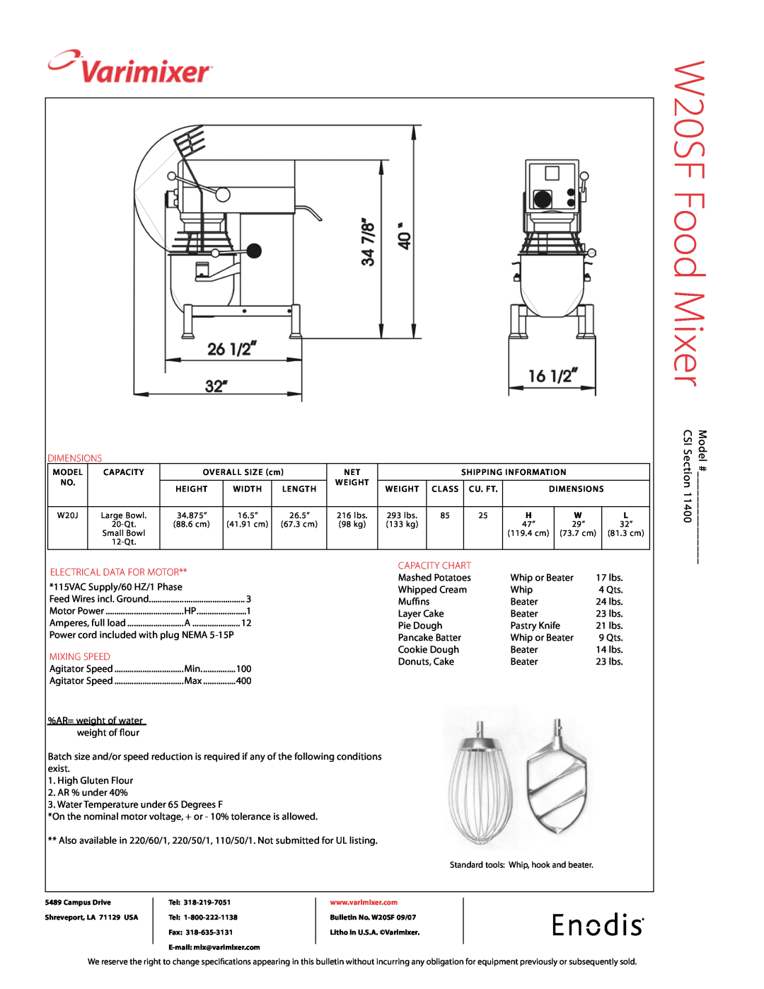 Varimixer W20SF dimensions, electrical data for motor, mixing speed, AR= weight of water weight of flour, capacity chart 