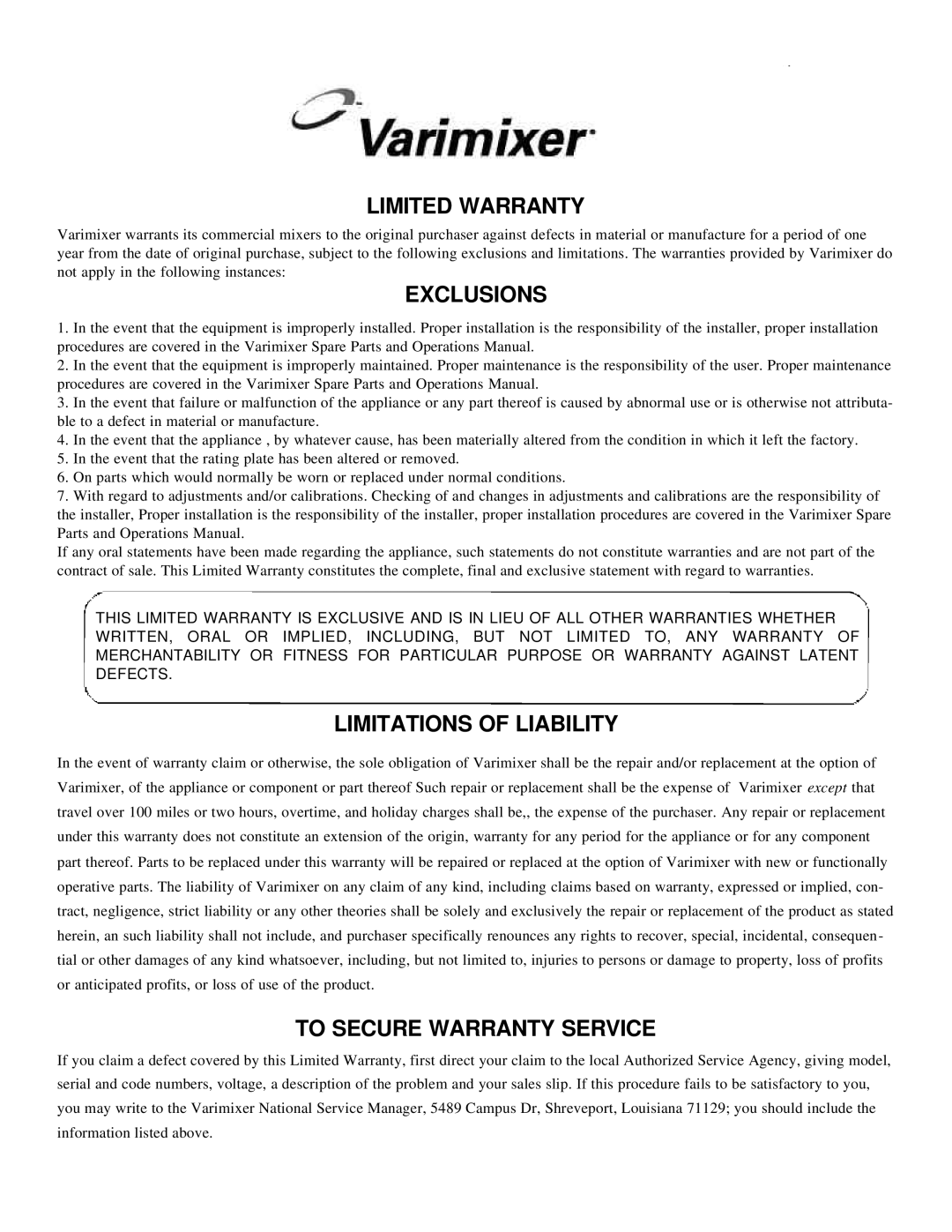 Varimixer W60(A), W60P operation manual Limited Warranty, Exclusions, Limitations of Liability, To Secure Warranty Service 