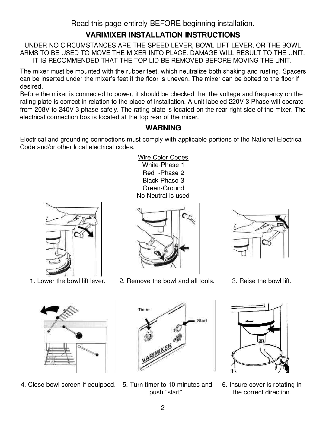 Varimixer W60(A), W60P operation manual Varimixer Installation Instructions 