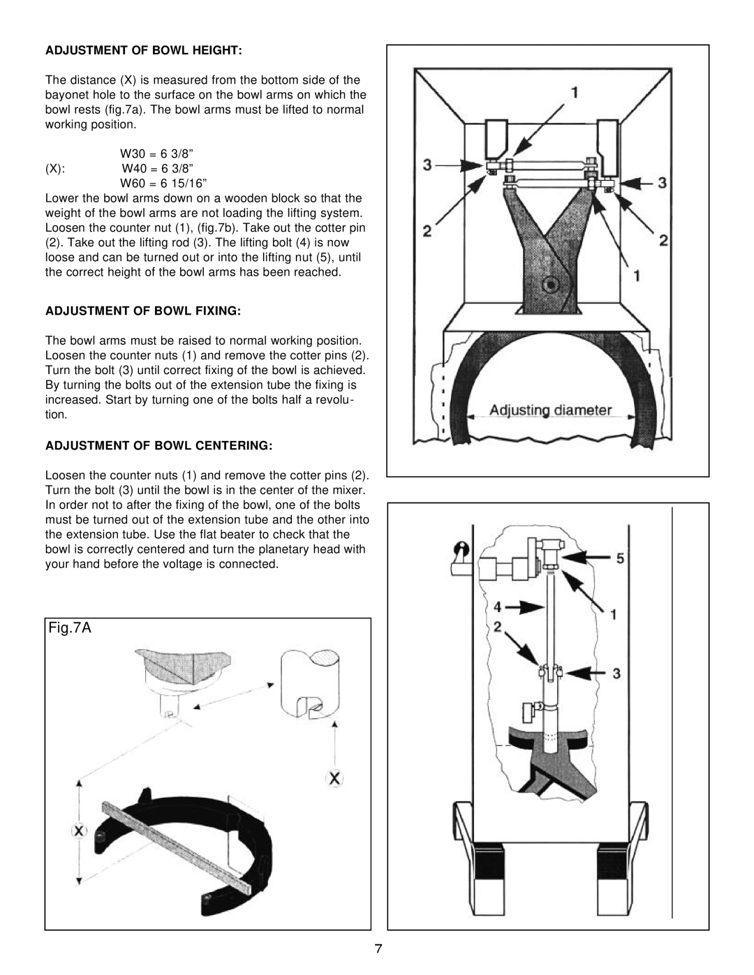 Varimixer W60P, W40P, W30(A), W40(A), W60(A) operation manual Adjustment of Bowl Height 