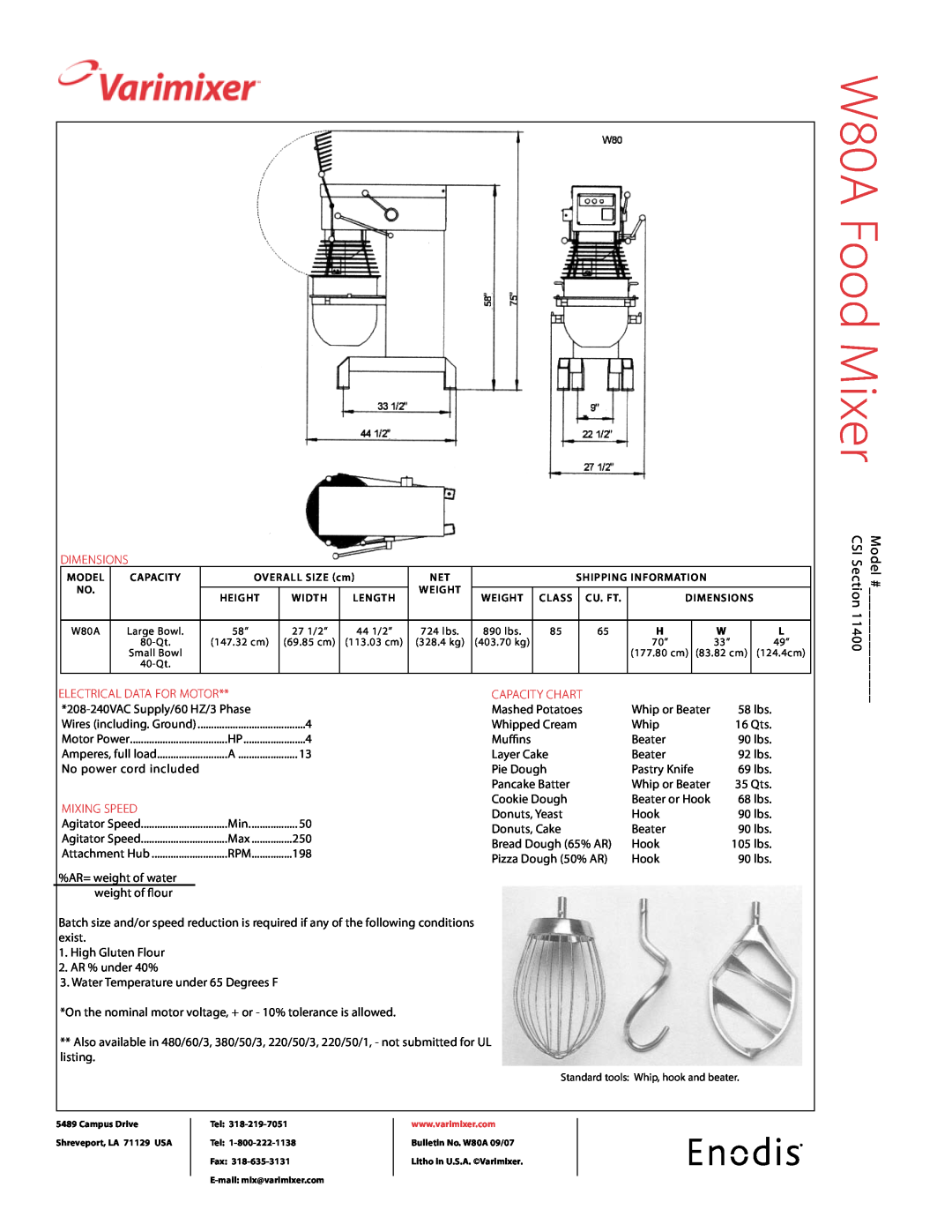 Varimixer specifications W80A Food Mixer, dimensions, electrical data for motor, capacity chart, mixing speed 