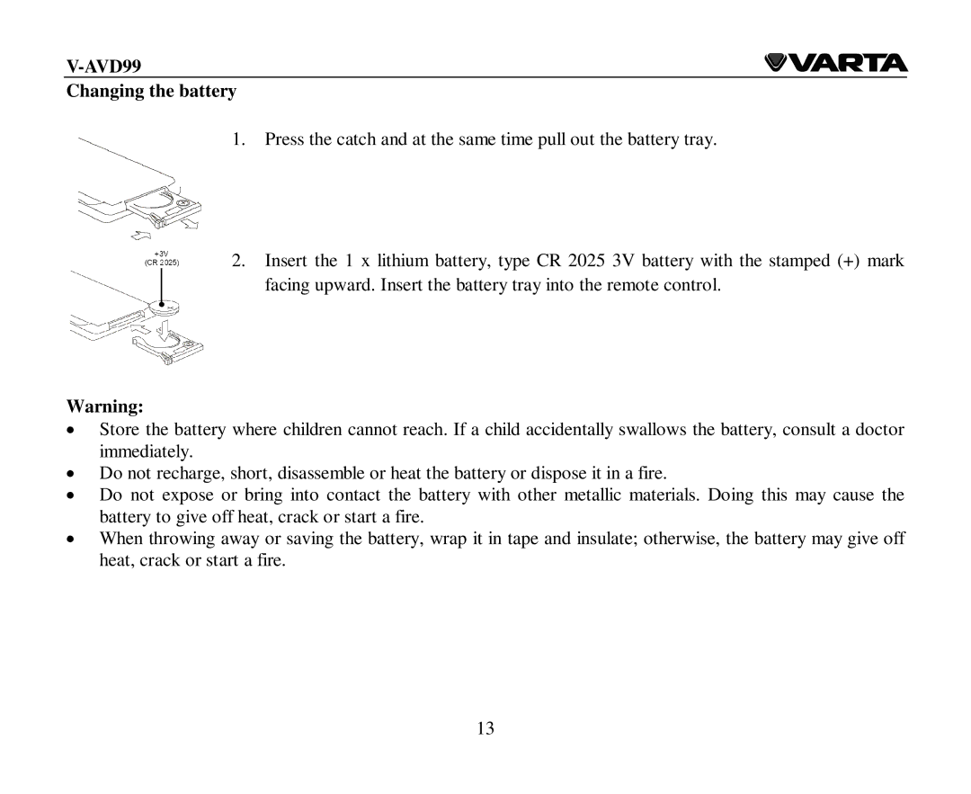 Varta V-AVD99 instruction manual Changing the battery 