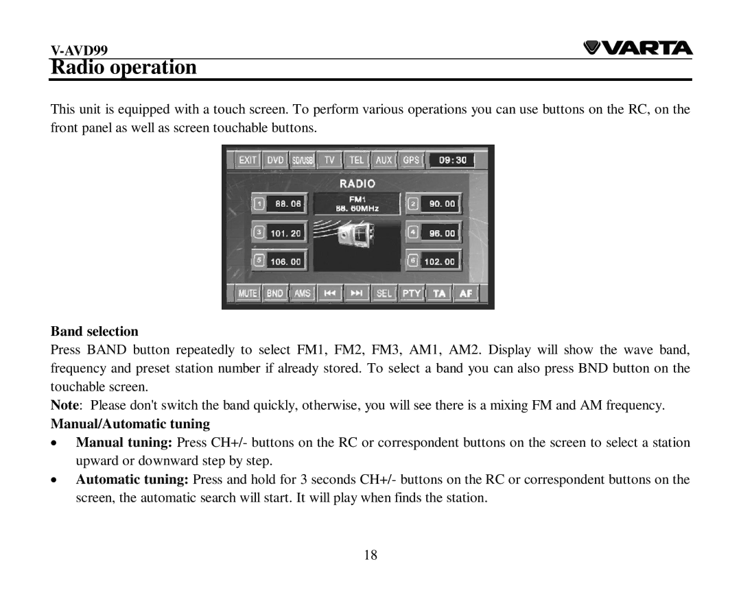 Varta V-AVD99 instruction manual Radio operation, Band selection, Manual/Automatic tuning 