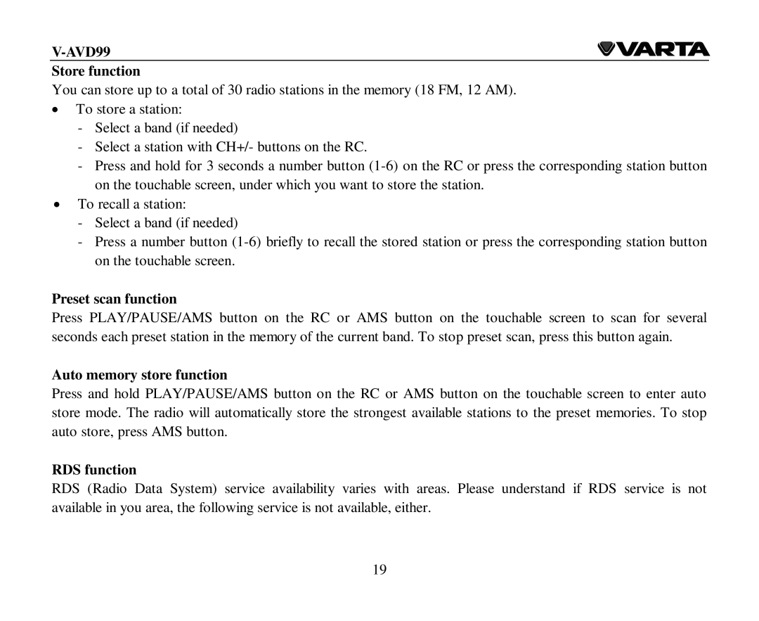 Varta V-AVD99 instruction manual Store function, Preset scan function, Auto memory store function, RDS function 