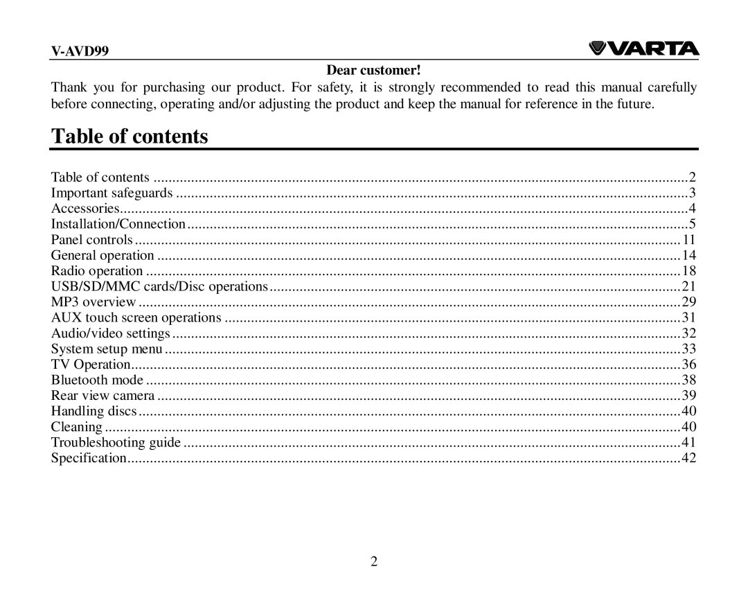 Varta V-AVD99 instruction manual Table of contents 