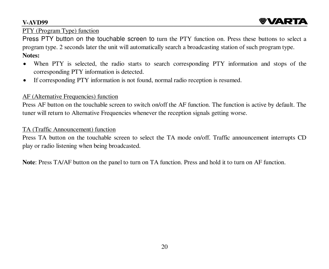 Varta V-AVD99 instruction manual 