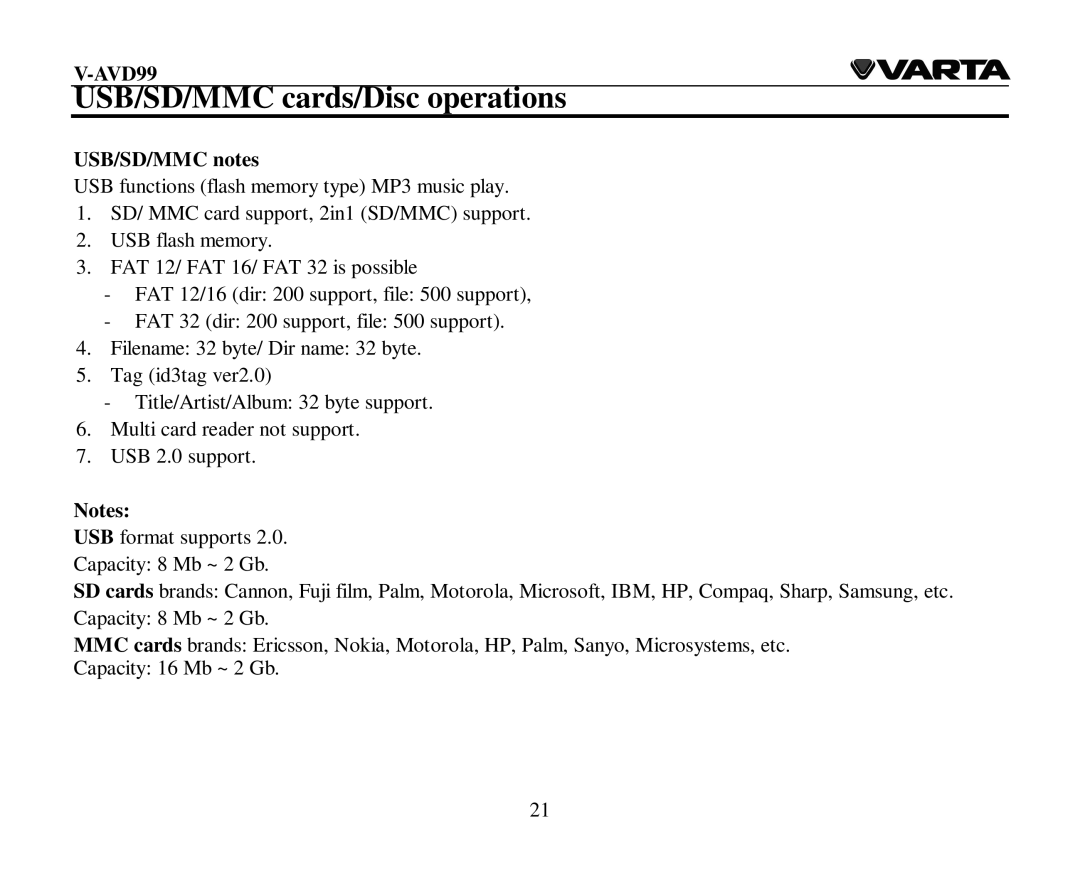 Varta V-AVD99 instruction manual USB/SD/MMC cards/Disc operations, USB/SD/MMC notes 