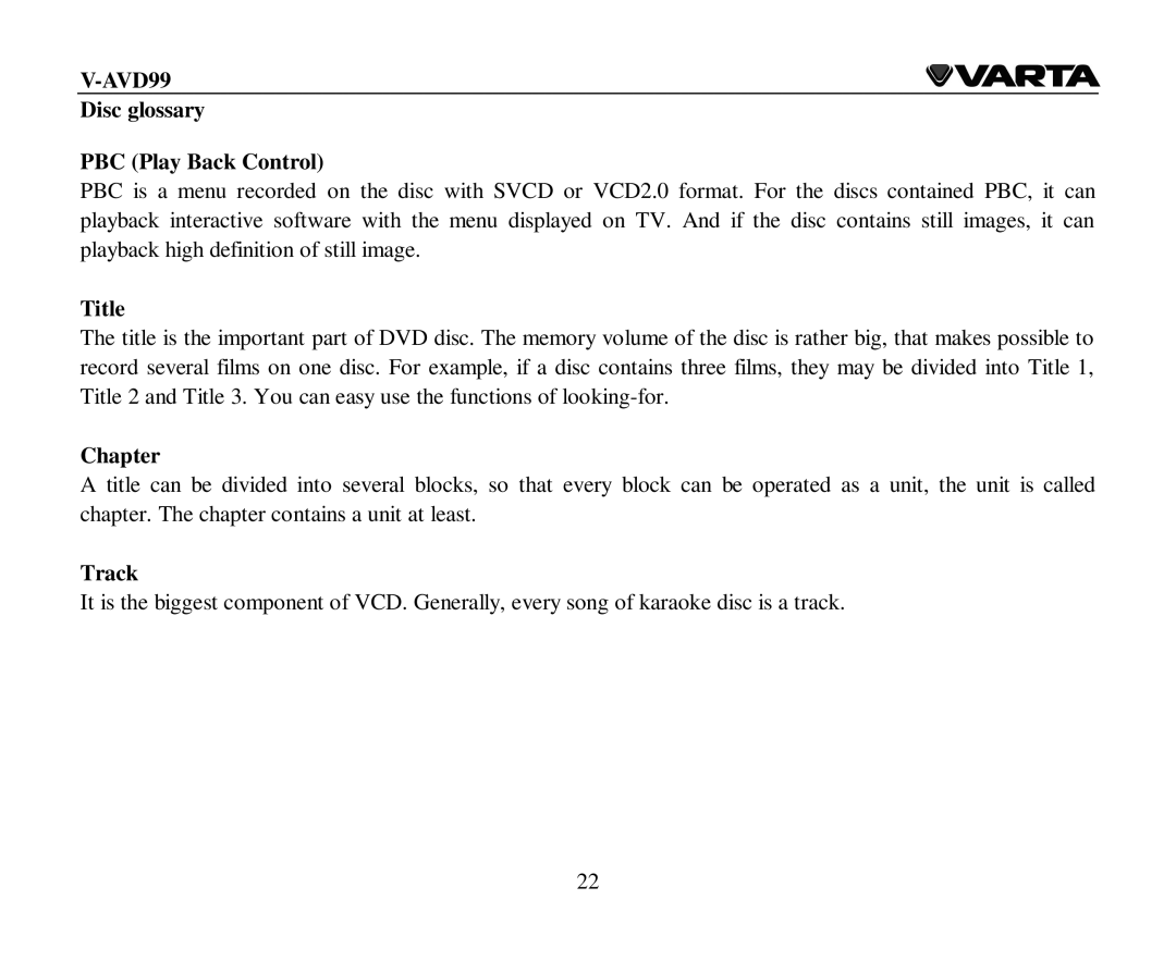 Varta V-AVD99 instruction manual Disc glossary PBC Play Back Control, Title, Chapter, Track 