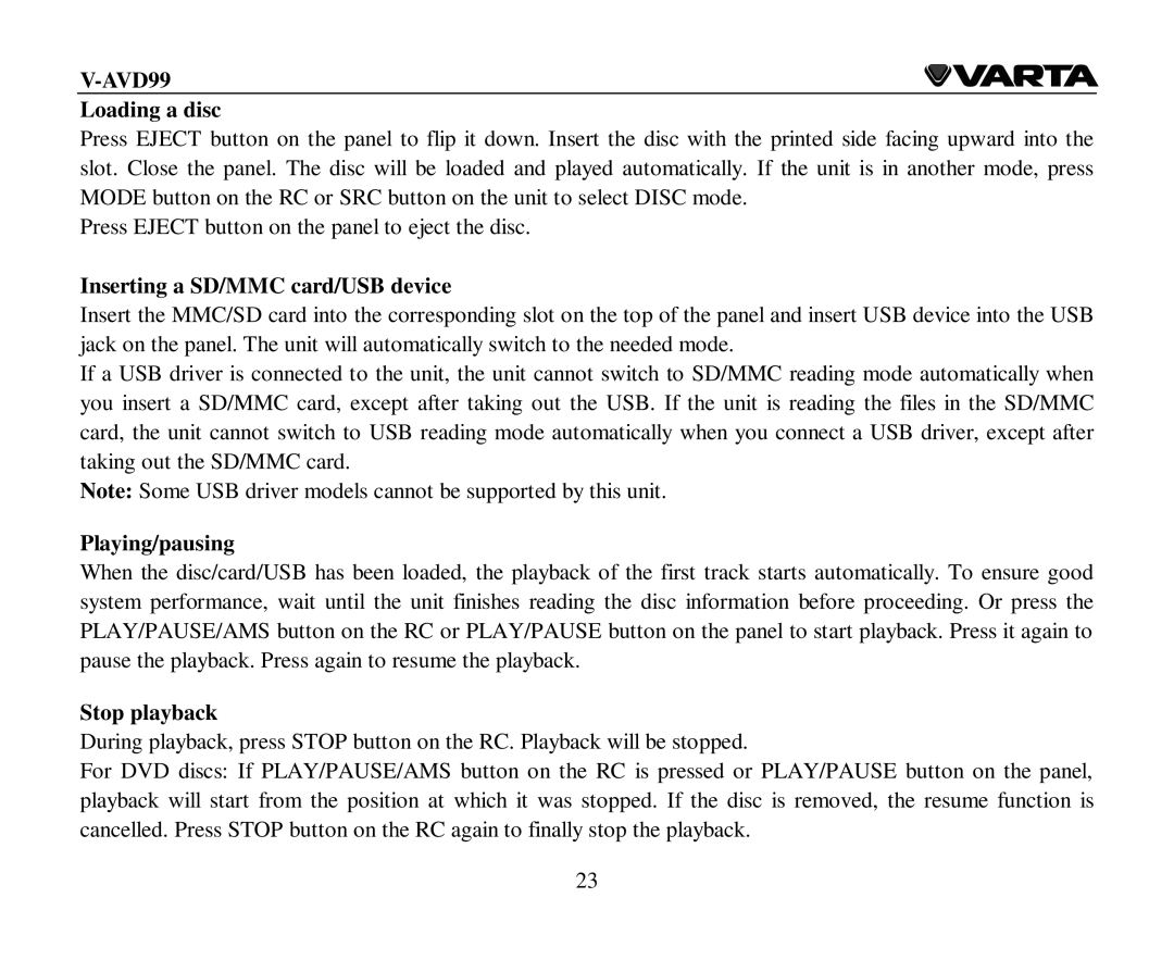 Varta V-AVD99 instruction manual Loading a disc, Inserting a SD/MMC card/USB device, Playing/pausing, Stop playback 