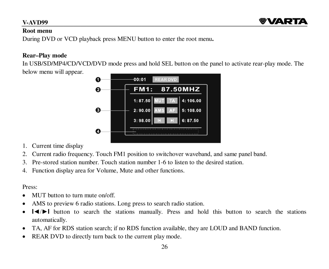 Varta V-AVD99 instruction manual Root menu, Rear-Play mode 