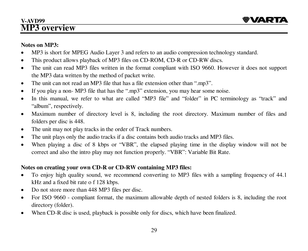 Varta V-AVD99 instruction manual MP3 overview 