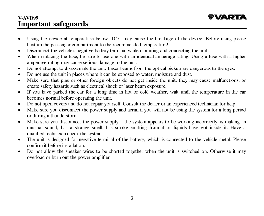 Varta V-AVD99 instruction manual Important safeguards 