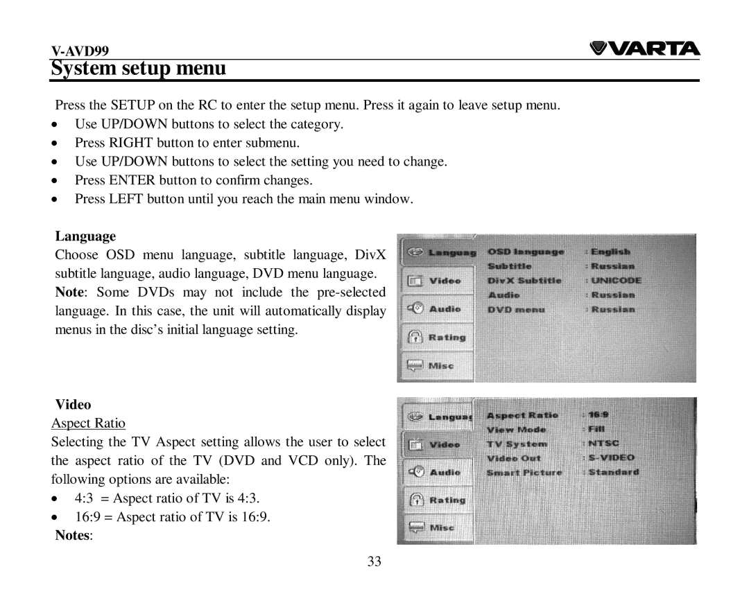 Varta V-AVD99 instruction manual System setup menu, Language, Video 