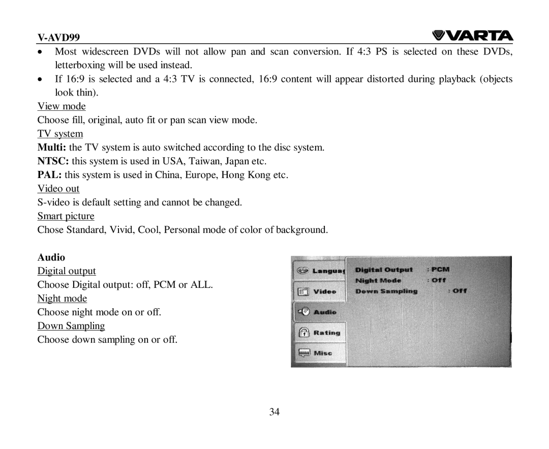 Varta V-AVD99 instruction manual Audio 