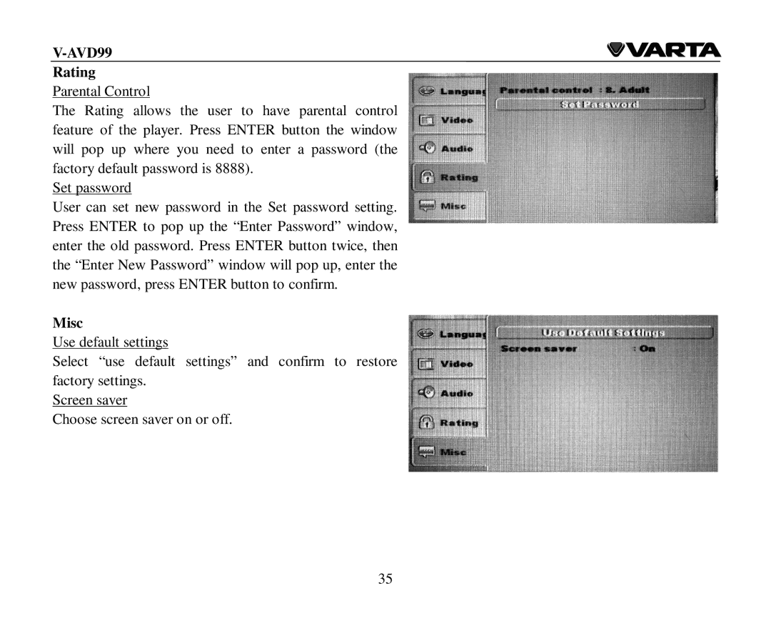 Varta V-AVD99 instruction manual Rating, Misc 